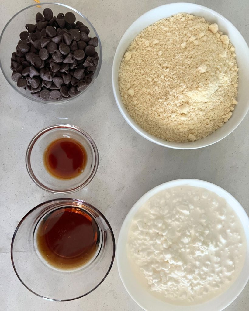 Ingredients needed for viral edible cottage cheese cookie dough. 
