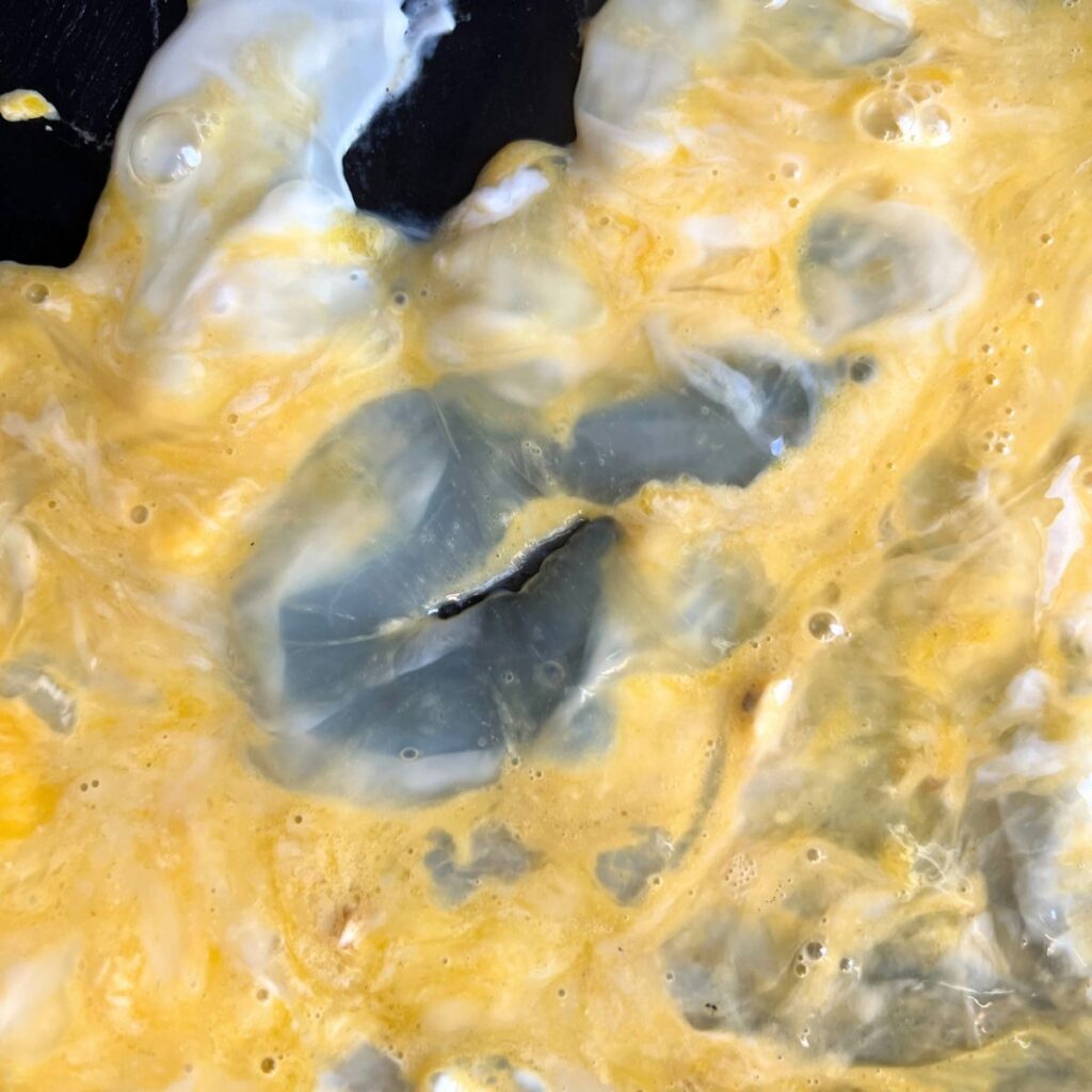 Eggs cooking on a Blackstone griddle. 