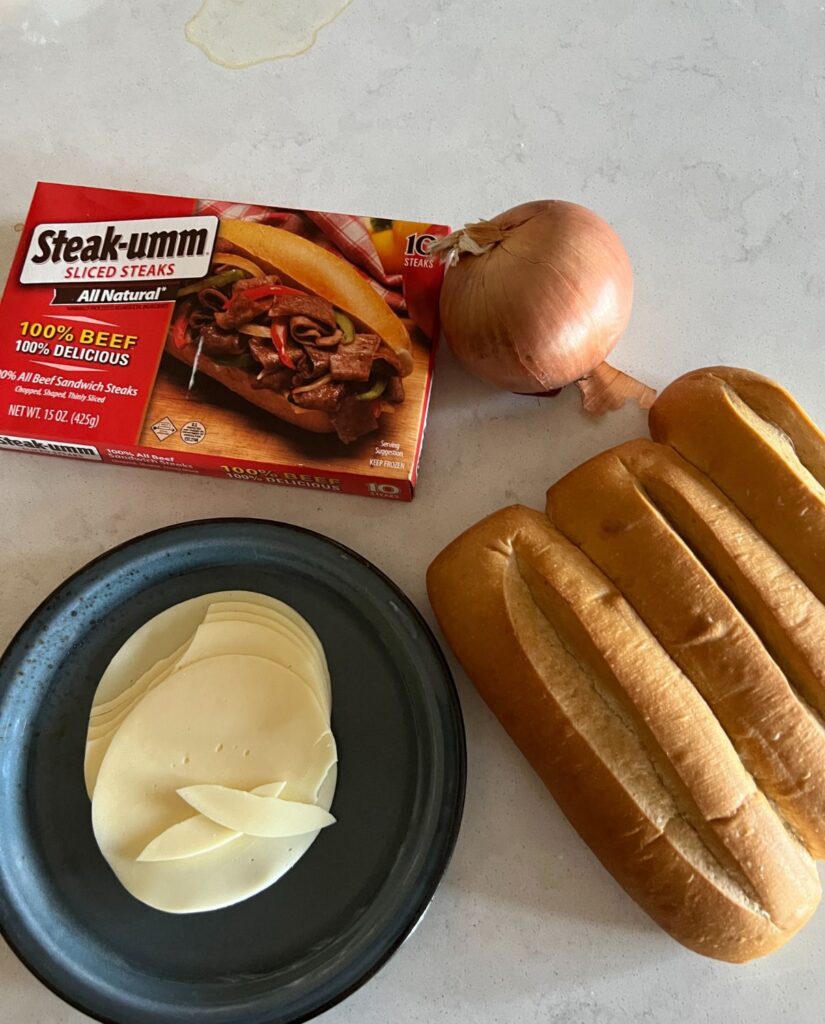 Ingredients needed for Philly Cheesesteaks. 