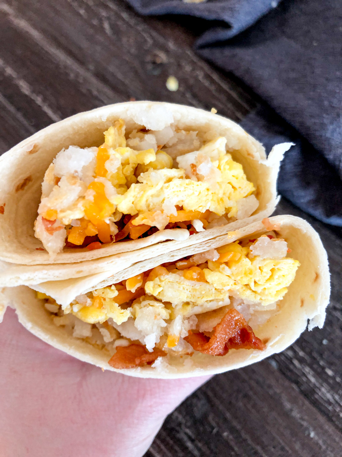 Blackstone breakfast burritos wrapped up in a tortilla. 