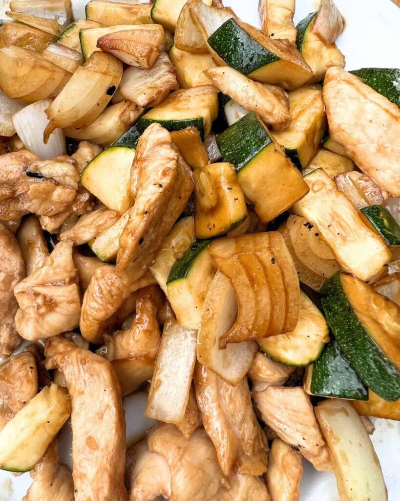 Hibachi style meals are so easy to make at home on a Blackstone Griddle and you can easily sub the chicken out for whatever type of protein you like. The 3 main types of vegetables are onions, zucchini, and mushrooms. 