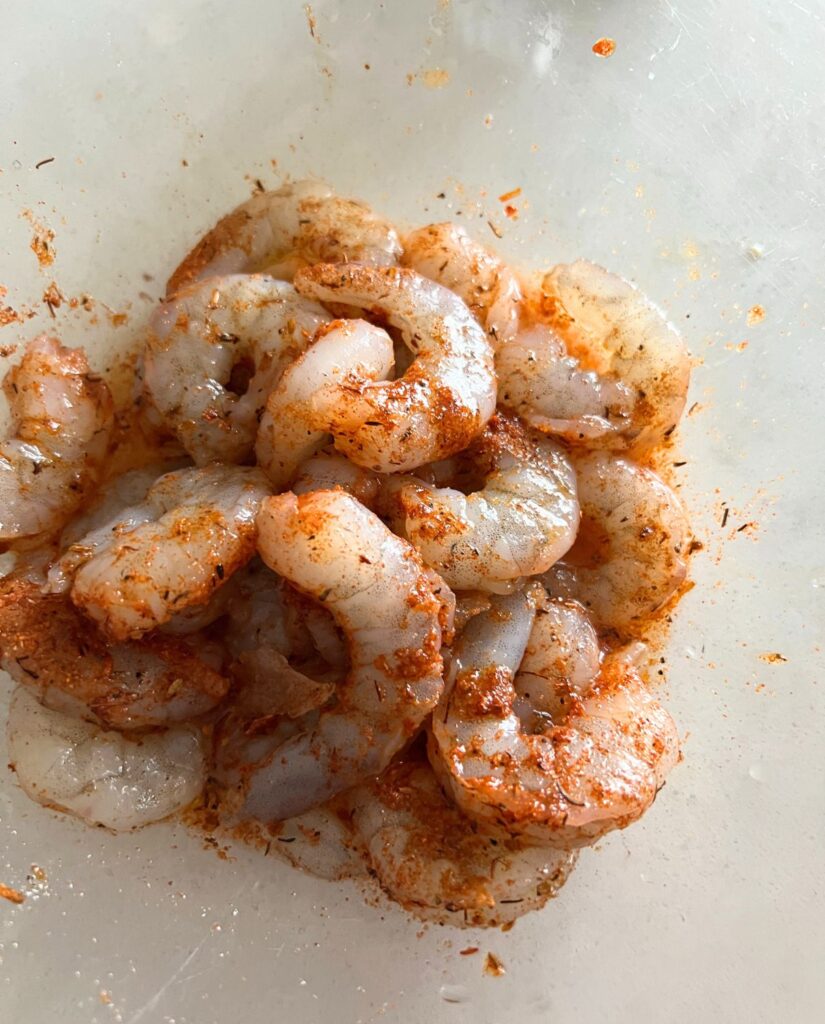 Peeled and deivened shrimp seasoned with seasoning of choice. 